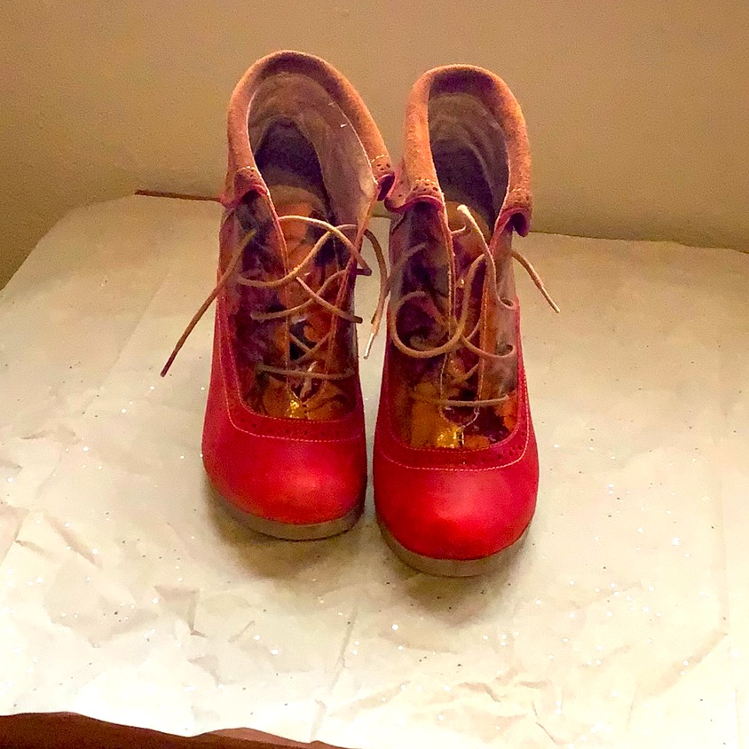 Leather And Suede Red And Brown Booties, Size 7